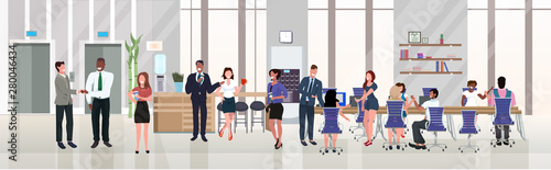 businesspeople employees successful teamwork concept hardworking process open space creative co-working center modern workspace office interior flat horizontal full length