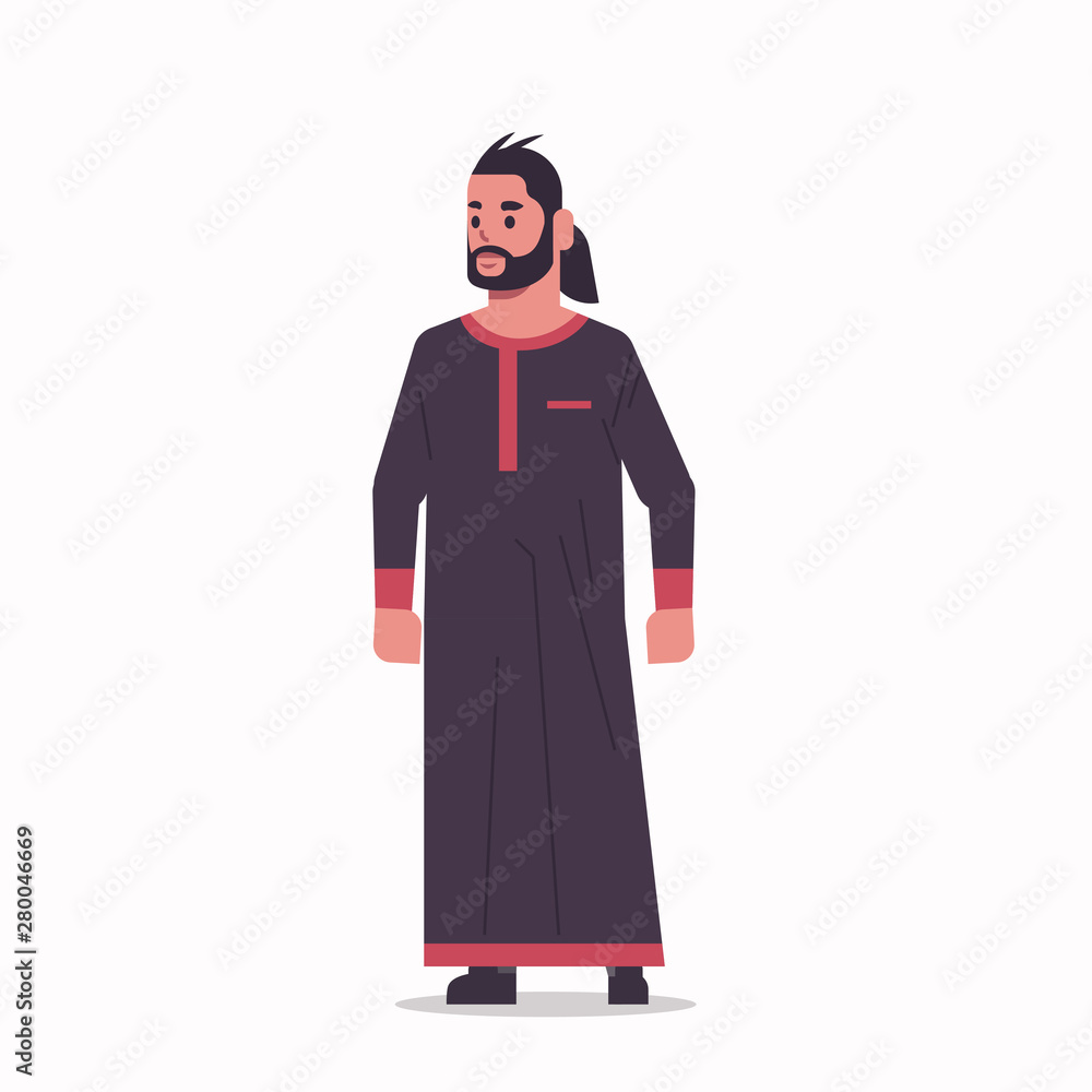 arabic businessman standing pose arab man wearing traditional clothes arabian male cartoon character full length flat white background