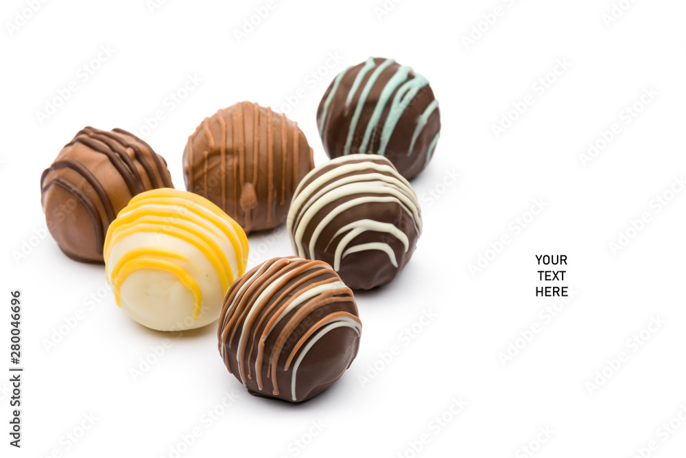 assorted chocolates confectionery with copy space, on white background assorted chocolates confectionery with copy space, on white background