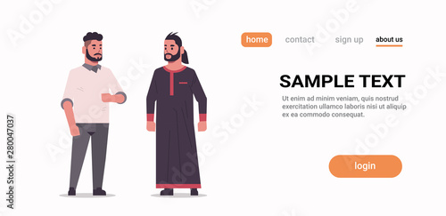 arabic men discussing arab couple wearing traditional clothes standing together arabian male cartoon characters full length flat white background copy space horizontal