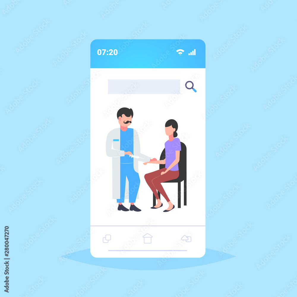 doctor holding syringe giving injection vaccine shot to woman patient vaccination healthcare medicine concept smartphone screen mobile application full length flat doctor holding syringe giving injection vaccine shot to woman patient vaccination healthcare medicine concept smartphone screen mobile application full length flat