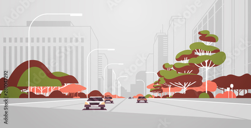 cars driving road modern city panorama with street lamps skyscrapers urban cityscape background flat horizontal banner