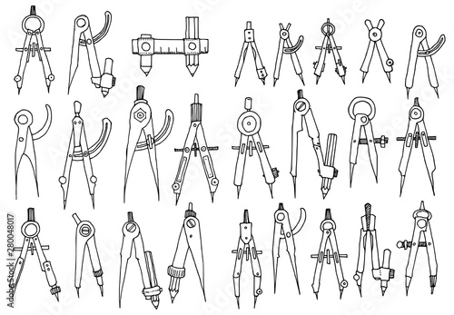 Set of compass Drawing illustration Hand drawn doodle Sketch line vector eps10