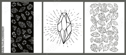 Geometric Crystals Pattern with and Minerals. Hand drawn illustration.