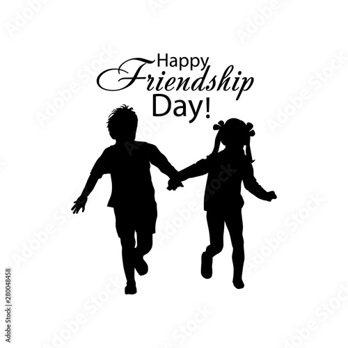 Running children hold hands. Happy Friendship Day. Vector illustration