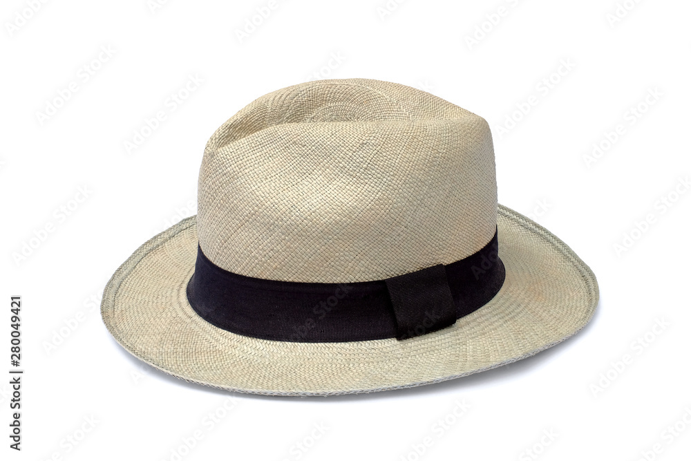 Vintage white straw hat fasion with black ribbon isolated on white background. This has clipping path
