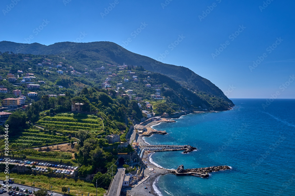 Aerial photography with drone. Beautiful resort town of Moneglia, Italy.