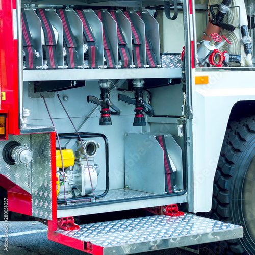 Details of rescue and firefighting truck equipment    Fire and rescue equipment in fire engine.