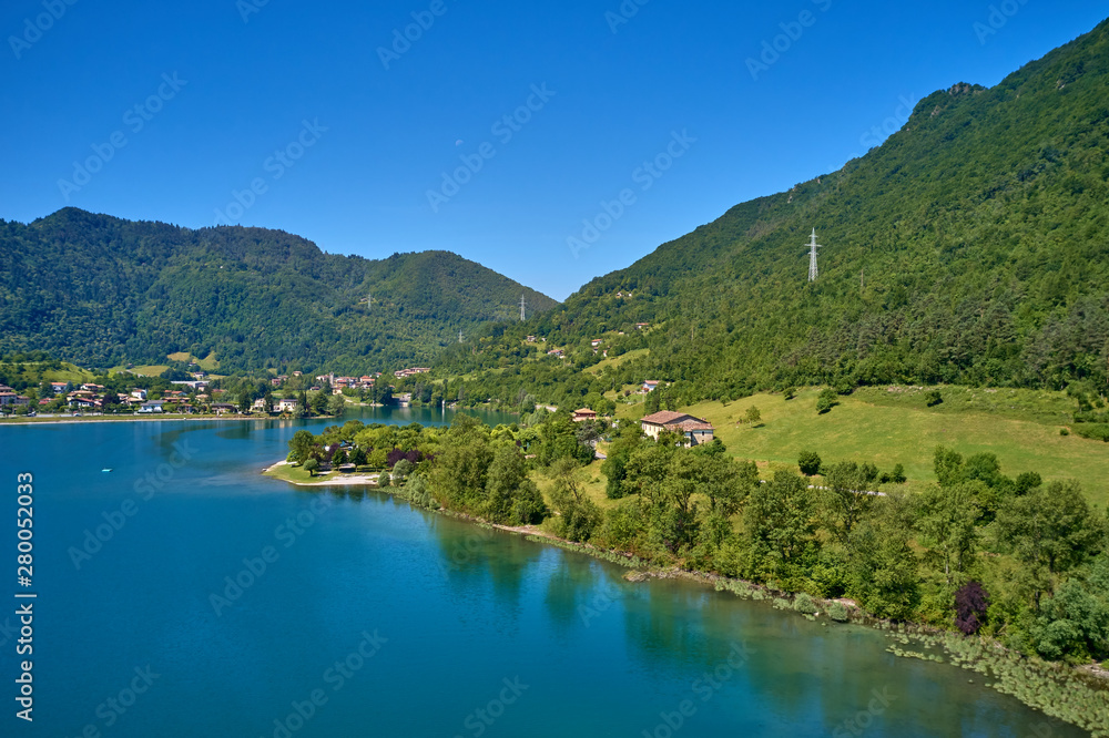 Aerial photography with drone. Panoramic view of Lake Idro in the north of Italy In the Alps.