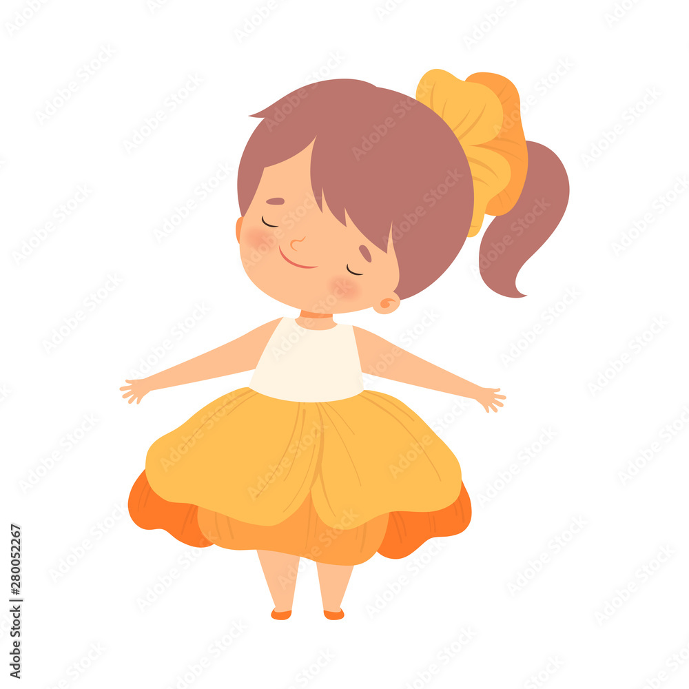 Fototapeta premium Pretty Little Girl Wearing Orange Flower Costume, Cute Adorable Kid in Carnival Clothes Vector Illustration