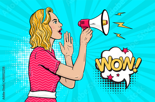 Pop art girl with megaphone. Woman with loudspeaker.Girl announcing discount or sale.Shopping time.Protest, meeting, feminism, woman rights, woman protest, girl power. Pop art background,Special offer