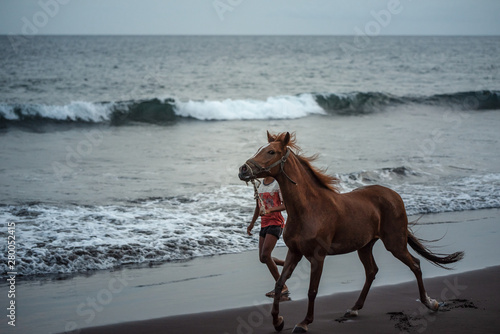 Horse and young boy on sand beach running near water at sunset
