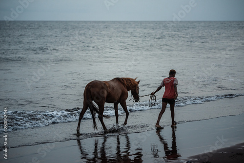Horse and young boy on sand beach running near water at sunset