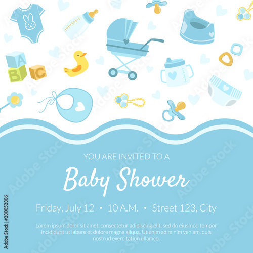 Baby Shower Invitation Banner Template, Light Blue Card with Newborn Baby Symbols Seamless Pattern and Place for Text Vector Illustration