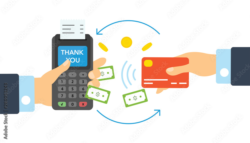 Financial transactions, cashless operation on payment. Pos terminal and payments systems. Bank card, terminal for buying process, monetary currencies, coins. Illustration flat design. Financial transactions, cashless operation on payment. Pos terminal and payments systems. Bank card, terminal for buying process, monetary currencies, coins. Illustration flat design.