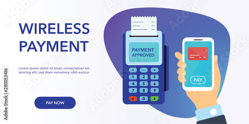 Vector payment machine and credit card banner. POS terminal confirms the payment by debit credit card, invoce. Vector illustration in flat design. NFC payments concept. Isometric NFC payments concept 