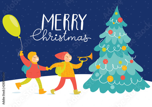 Vector Mery Christmas illustration with happy children