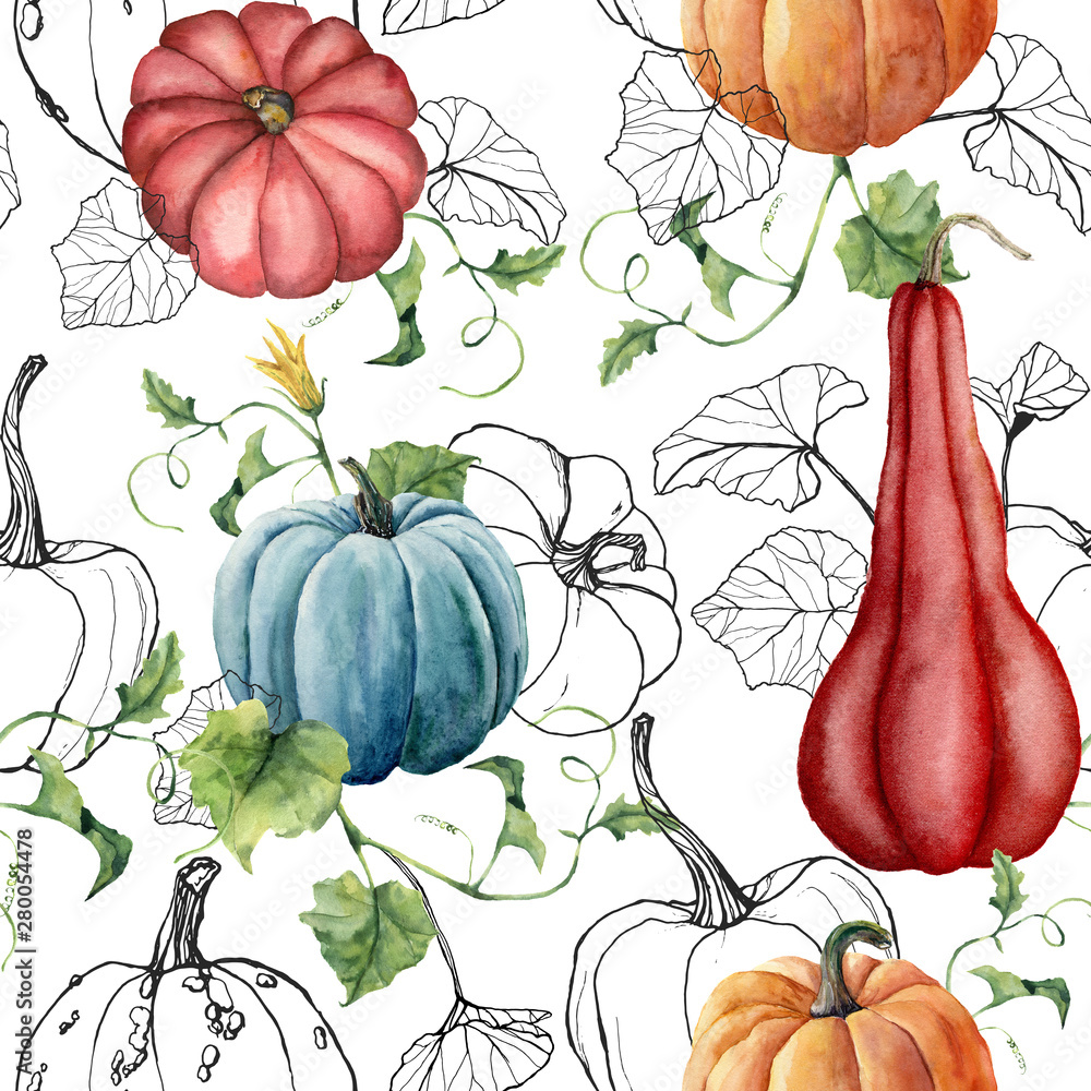 Watercolor seamless pattern with red and blue pumpkins. Hand painted gourds with leaves isolated on black background. Autumn festival. Botanical illustration for design, print, fabric or background. Stock Illustration | Adobe Stock watercolor-seamless-pattern-with-red-and-blue-pumpkins-hand-painted-gourds-with-leaves-isolated-on-black-background-autumn-festival-botanical-illustration-for-design-print-fabric-or-background-stock-illustration-adobe-stock