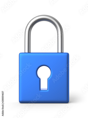 A 3d rendered illustration of a front view of a locked blue metallic padlock with a keyhole shape through the body casting a shadow onto a white background.