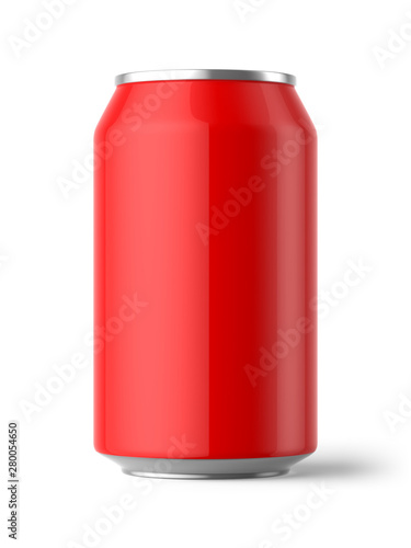 A 3d rendered illustration of a plain red 330ml aluminium can casting a shadow onto a white background.