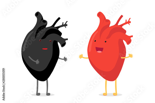 Racism concept. Confusion black human heart vs happy smiling emoji emotion cute red character of white man. Medical anatomic funny cartoon internal organ diversity vector illustration