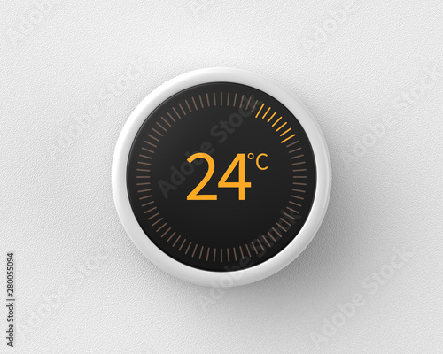 3d rendered smart thermostat showing the temperature in celsius mounted on a white wall. photo