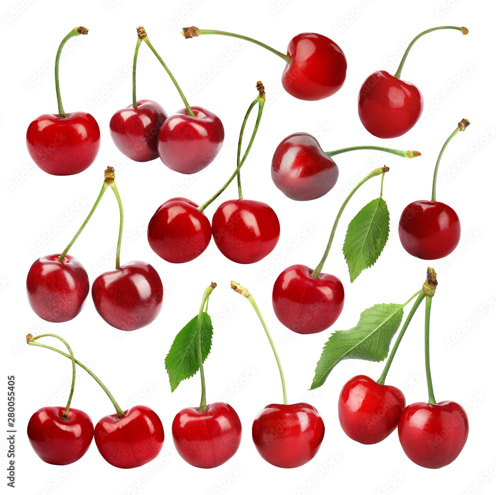Set of delicious ripe sweet cherries on white background Set of delicious ripe sweet cherries on white background