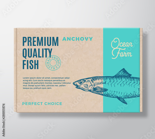 Premium Quality Fish Realistic Cardboard Box. Abstract Vector Packaging Design or Label. Modern Typography, Hand Drawn Anchovy Silhouette. Craft Paper Background Layout.