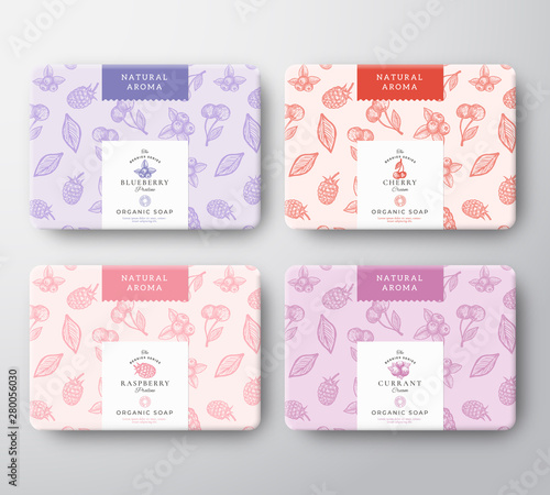 Cherry, Raspberry, Blueberry and Currant Soap Cardboard Boxes Set. Abstract Vector Wrapped Paper Container with Label Cover. Packaging Design. Hand Drawn Berries Background Pattern Layout.