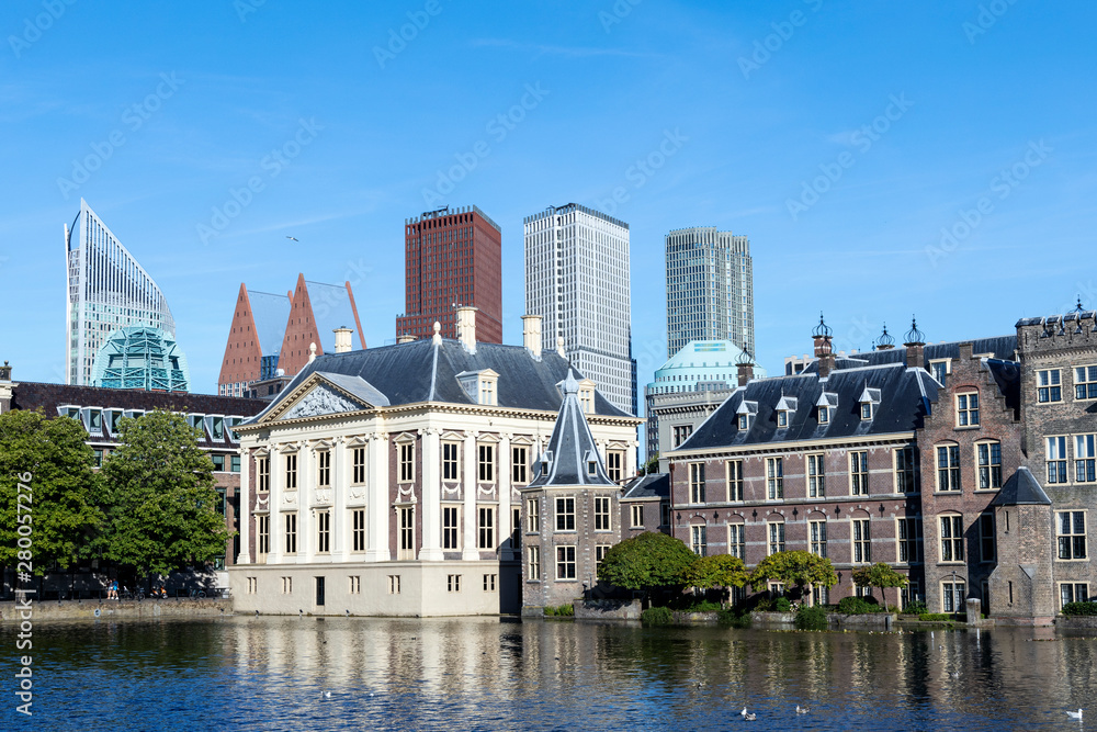 Hague Mauritshuis small tower of the binnenhof and skyscrapers.- Image