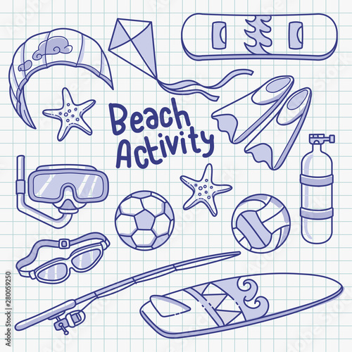 Summer Beach Activity Ballpoint Sketch Doodle Vector Illustration