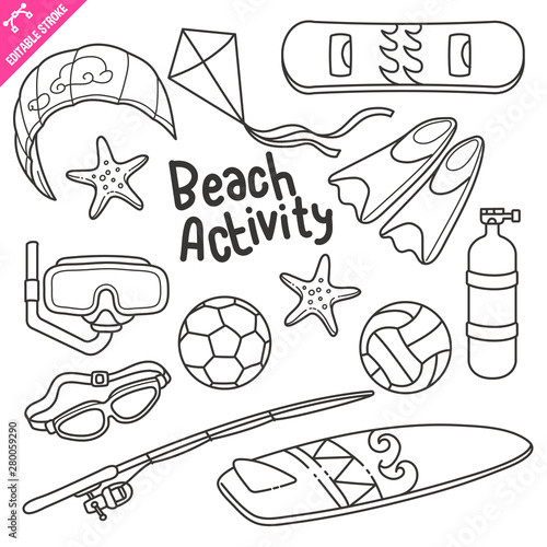 Summer Beach Activity Editable Stroke Doodle Vector Illustration.