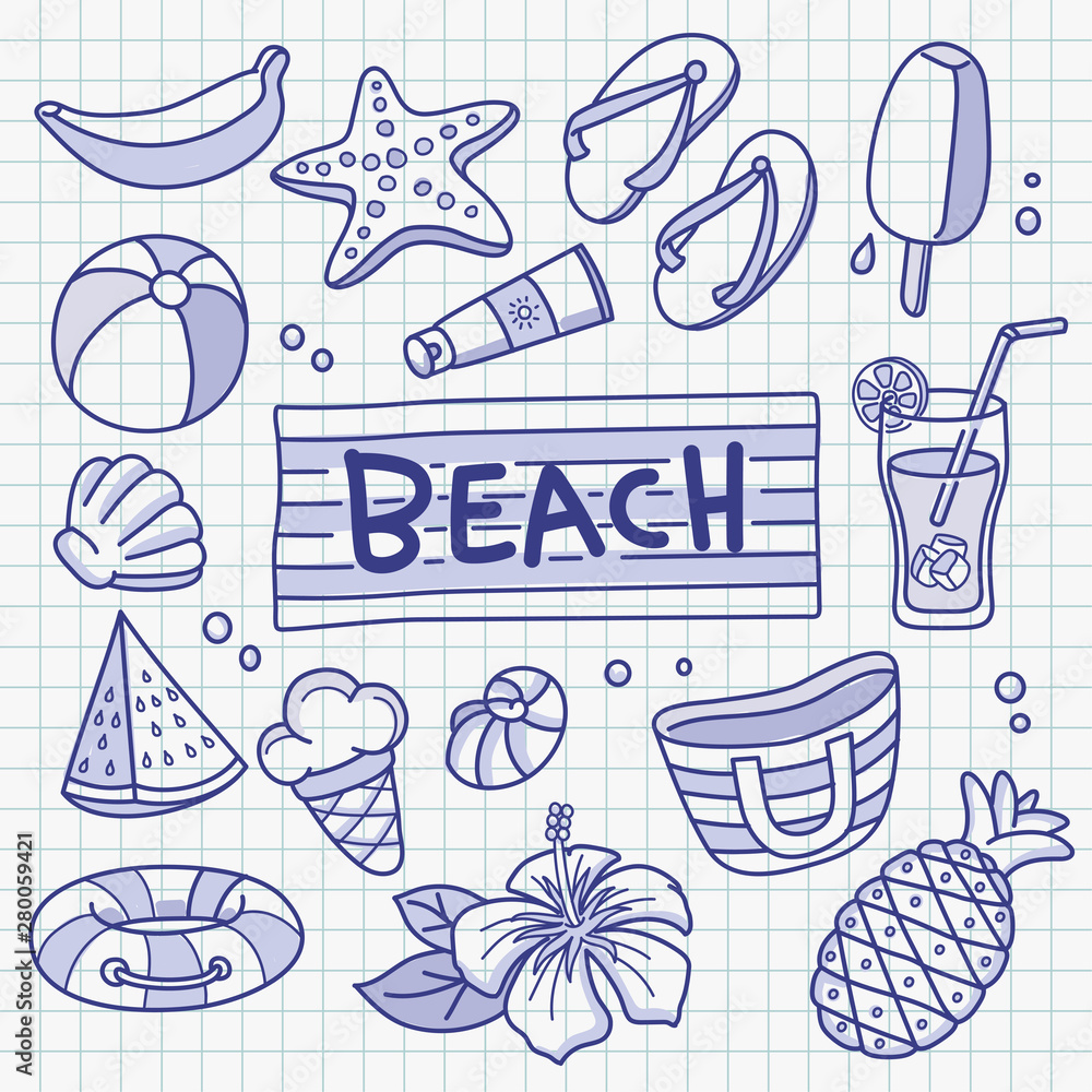 Naklejka premium Summer Beach Holiday Ballpoint Sketch Doodle Vector Illustration