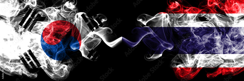 South Korea vs Thailand, Thai smoky mystic flags placed side by side. Thick colored silky abstract smoke flags of South Korean and Thailand, Thai South Korea vs Thailand, Thai smoky mystic flags placed side by side. Thick colored silky abstract smoke flags of South Korean and Thailand, Thai