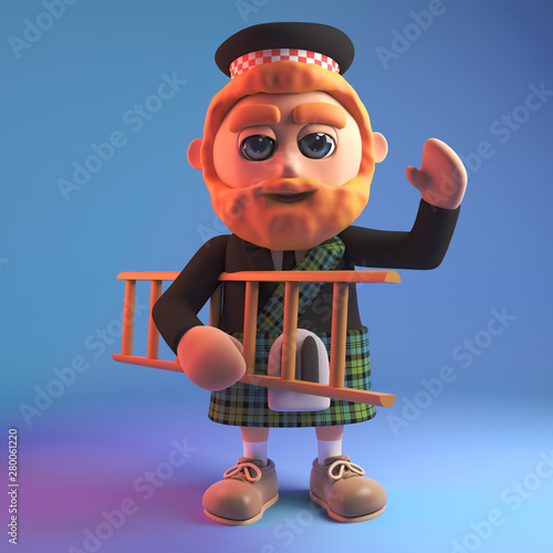 3d cartoon Scottish man in tartan kilt and sporran carrying a wooden ladder, 3d illustration photo