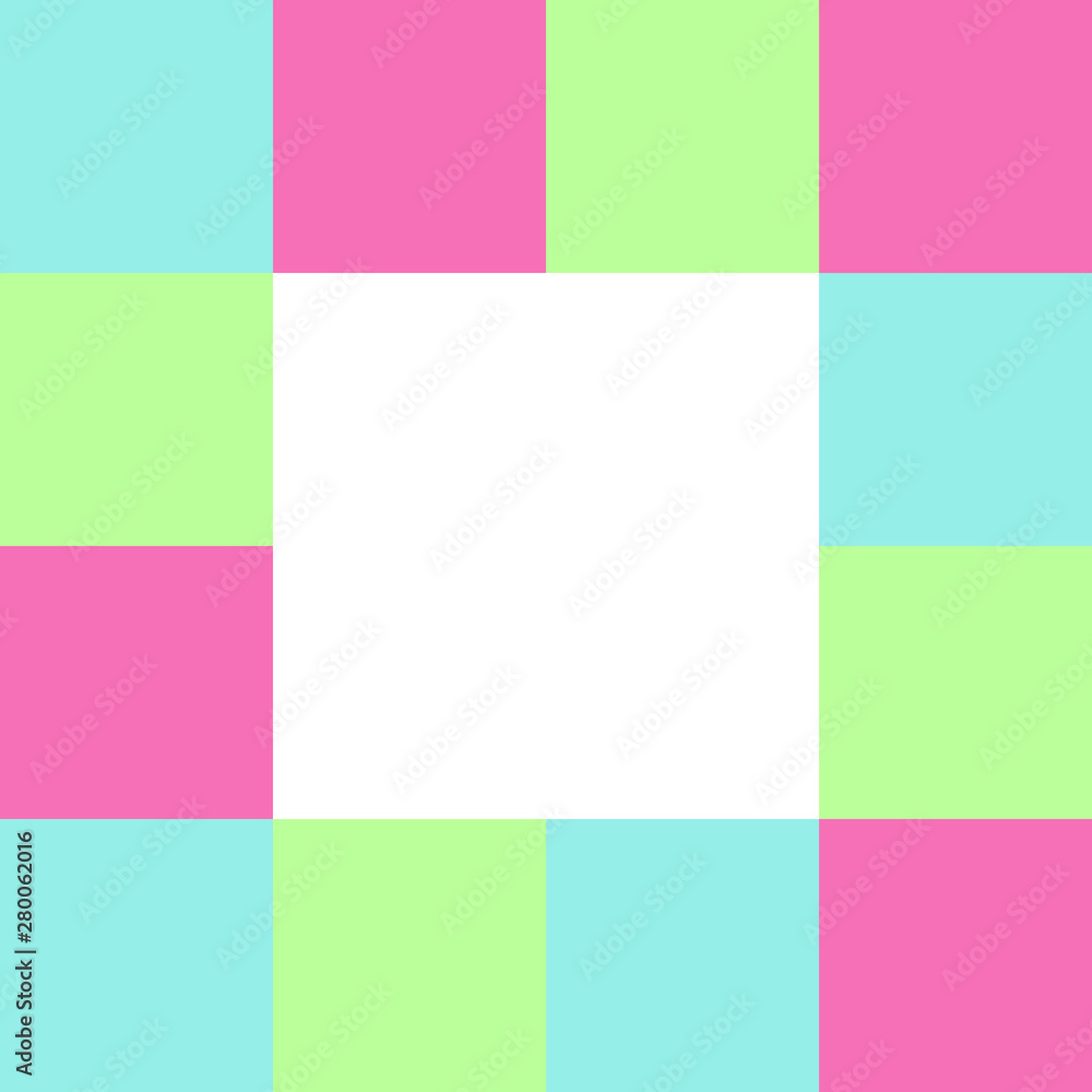 empty white square on pastel color squares checkered block, template banner checker multi color rainbow, ad colorful block soft pastel bright, cubes square polygon mosaic and copy space advertising