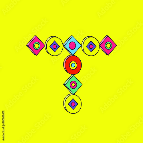 Letter T. Simple geometrical forms. Geometrical abstraction style. Bright colors