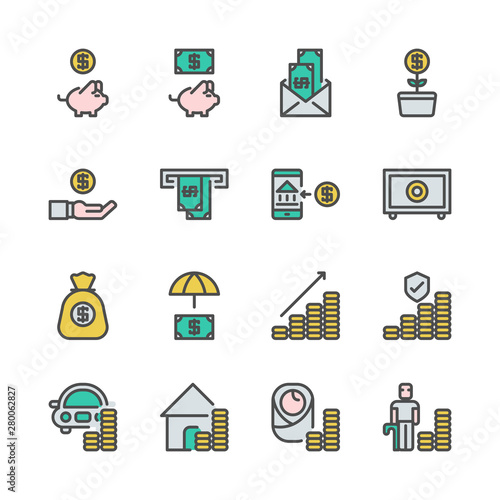 Saving money and investment in colorline icon set.Vector illustration