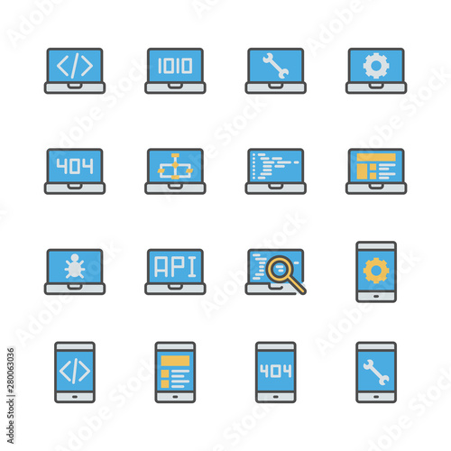 Programming and coding in colorline icon set.Vector illustration