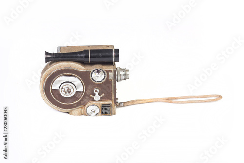 Vintage old video camera isolated on white background.