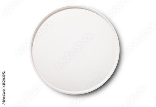 Black plate isolated on white background. Top view mock up.