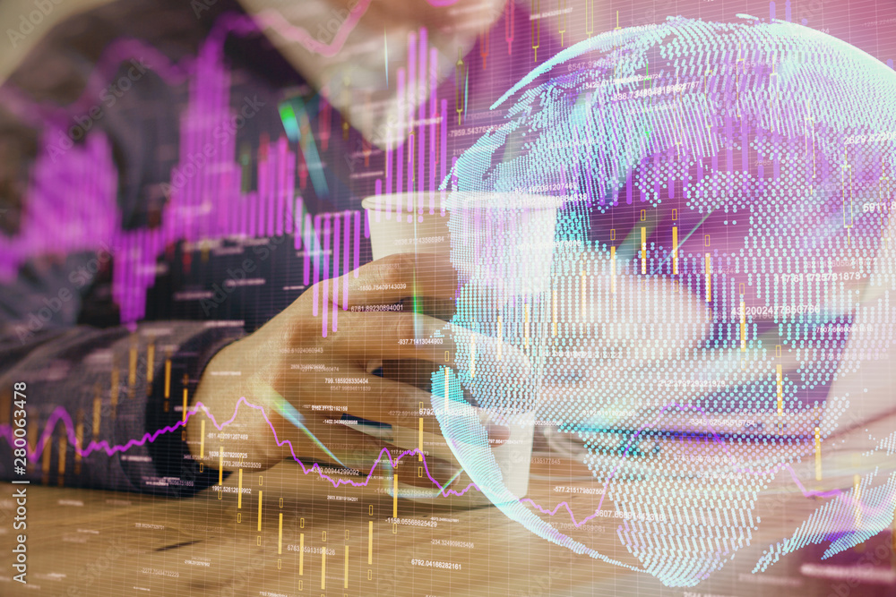 Forex graph with businessman working on computer in office on background. Concept of hardworking. Closeup. Multi exposure. Forex graph with businessman working on computer in office on background. Concept of hardworking. Closeup. Multi exposure.
