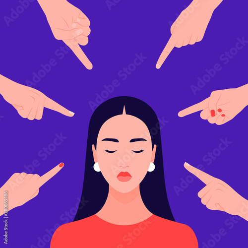 Shame. Hands of different people point to the girl. Portrait of a young woman. Alien opinion and the pressure of society.Vector flat illustration