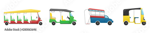 Set of 4 vector tuk tuk. A flat cartoon illustration of Asian public transport.