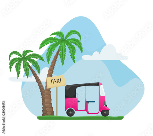 Vector tuk tuk near palms. A flat cartoon illustration of Asian public transport.