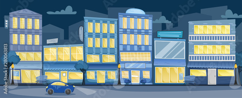 Flat vector night city landscape. Street with bright houses, signs, trees and benches, a car on the road.