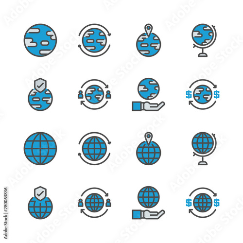 Global related in colorline icon set.Vector illustration