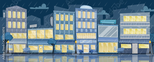 Flat vector night rainy city landscape. Street with bright houses, signs, trees and benches.