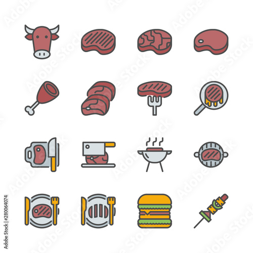 Beef related in colorline icon set.Vector illustration