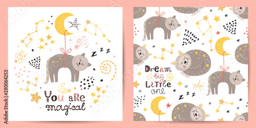 Set of seamless pattern and card with cute cat